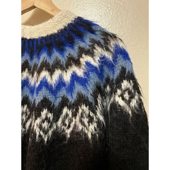 Vtg Signature Imports Alpaca Fair Isle Cardigan Black Blue White Fuzzy Bolivia - Picture 15 of 16